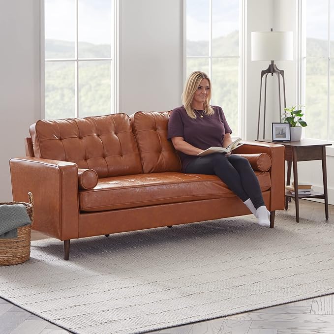 Edenbrook Lynnwood Upholstered Sofa - Couch for Living Room Office or Bedroom - Mid-Century Modern Design Furniture - Buttonless Tufting - Simple Assembly - 2 Bolster Pillows - Camel Faux Leather