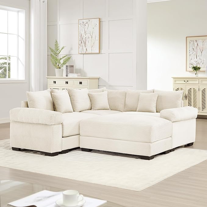 KEIKI 79" L-Shaped Oversized Corduroy Modular Cloud Sectional Sofa with 1 Ottoman, High-Density Foam Cushion, Extra-Thick Armrest, 3-Seater Fluffy Corner Couch with 10 Pillow, for Living Room, Beige