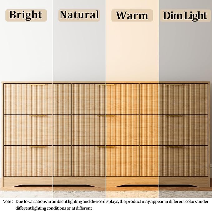 9 Drawer Dresser and Nightstand Sets for Bedroom, Modern Fluted 3 Pcs Bedroom Dresser Furniture Sets, Wood Chest of Drawers and Nightstand Set of 2 with Metal Handles, Natural Oak
