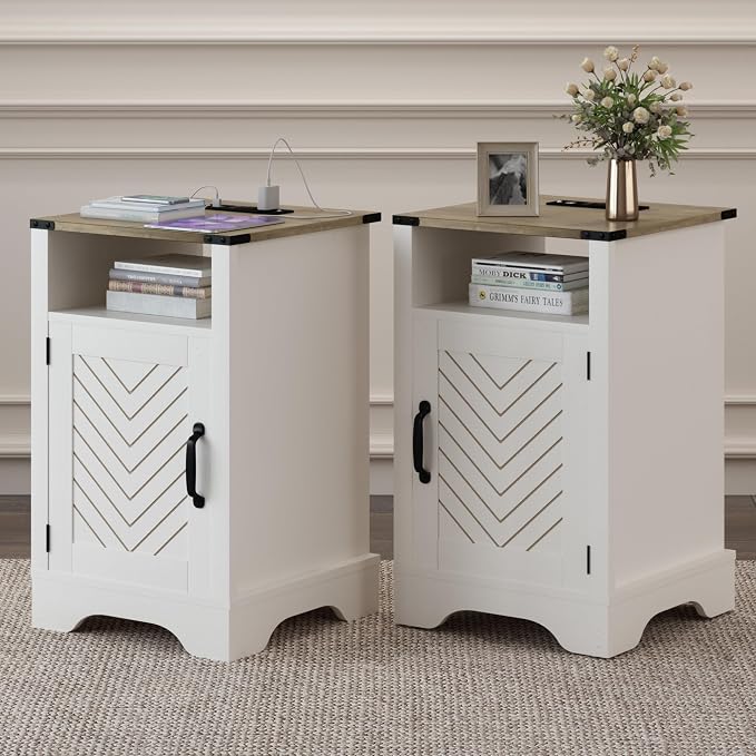 RoyalCraft Farmhouse Nightstand Set of 2, End Table with Charging Station, Tall Bedside Table with Large Storage and Shelf, Wooden Side Table with for Bedroom, Home Office, White and Rustic Oak - Image 7
