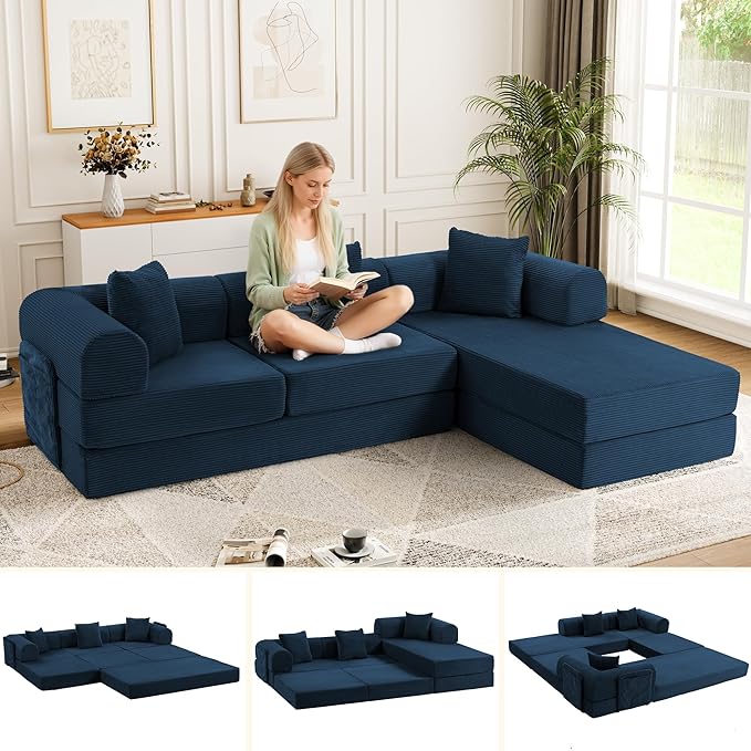106.3" L Shape Convertible Sleeper Sofa Bed, Oversized Modular Sectional Cloud Sofa with Fixed-Shape Frame & Storage Pocket, Boneless Couch for Living Room, No Assembly Required, Blue