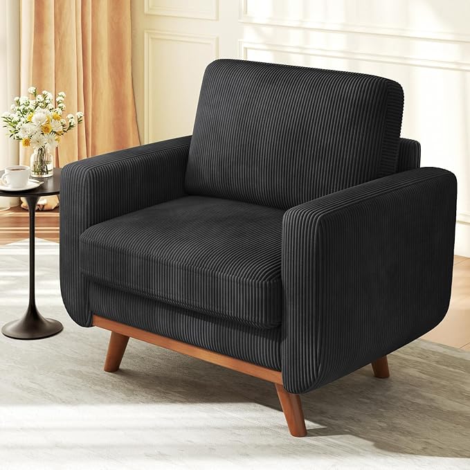 38.5" Black Corduroy Accent Chair, Comfy Deep Seat Armchair with Spring Cushion, Modern Reading Sofa for Living Room Bedroom