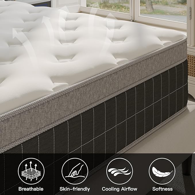 12″ Full Hybrid Mattress – Balanced Support & Comfort, Cooling Breathable Foam + Pocket Coils, Motion Isolation, Reinforced Edges, CertiPUR-US, Fiberglass-Free, Mattress in a Box