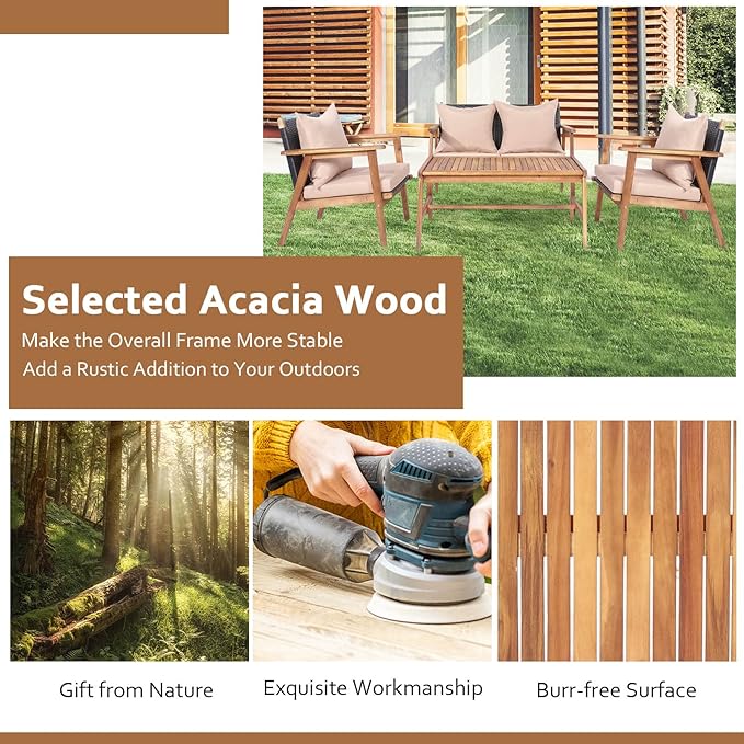 Tangkula 8-Piece Patio Furniture Set, Outdoor Acacia Wood Conversation Set with Cushions and Coffee Table, Outdoor PE Wicker Sectional Sofa Set for Garden, Poolside and Backyard (2, Beige)