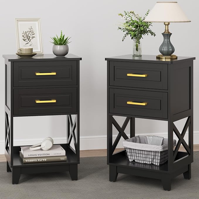 May in Color Black Nightstand Set of 2, Tall Side Table with 2 Drawers and Open Shelf, Bedside Table with Solid Feet, Modern End Table for Bedroom, Home Office, Black - Image 2