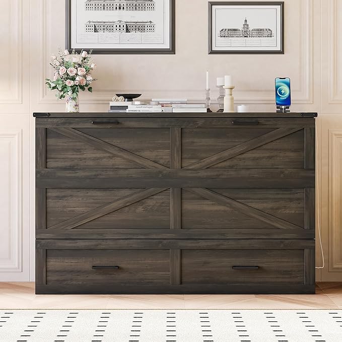 Bellemave Queen Murphy Bed, Cabinet Bed with Charging Station and Storage, Farmhouse Murphy Cabinet with Foldable Panel, Noisy Free, for Guest Bedroom, Living Room, Office, Rustic Gray