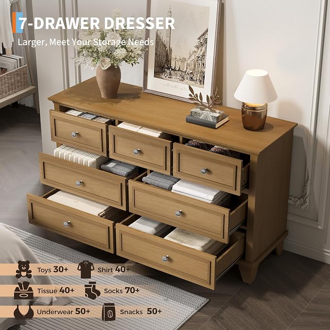 GAOMON Brown Dresser, 7 Drawer Dresser for Bedroom, 47" W Chest of Drawers with Deep Drawers, Closet Dressers with Metal Handle, Thickened Desktop, Wood Rustic Drawers for Hallway, Entryway, Closet - Image 4
