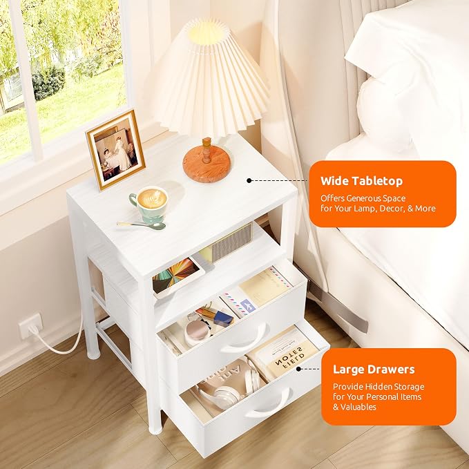 Lazzanto NightStand Bedside Charging Table Bedroom - Night Stand with Charger Station, White Modern Bed Side End Table with Open Shelf & 2 Fabric Drawers, USB-C Port & AC Outlets for Dorm, Living Room - Image 5