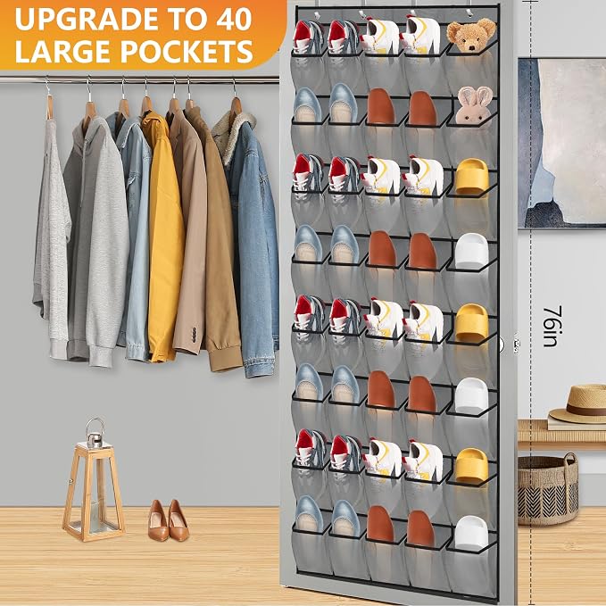 Over the Door Shoe Organizer, 40 Large Mesh Pockets Hanging Shoe Rack Organizer for Closet Behind The Door Storage Holder for Entryway Bedroom Dorm Gray - Image 2