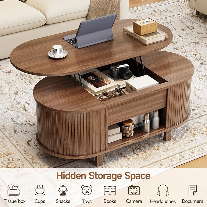 ONBRILL 43.3" Oval Lift Top Coffee Table with Hidden Compartment, Fluted Wood Coffee Table with Sliding Door, Mid-Century Modern Lift Tabletop Dining Table for Living Room, Home Office, Walnut