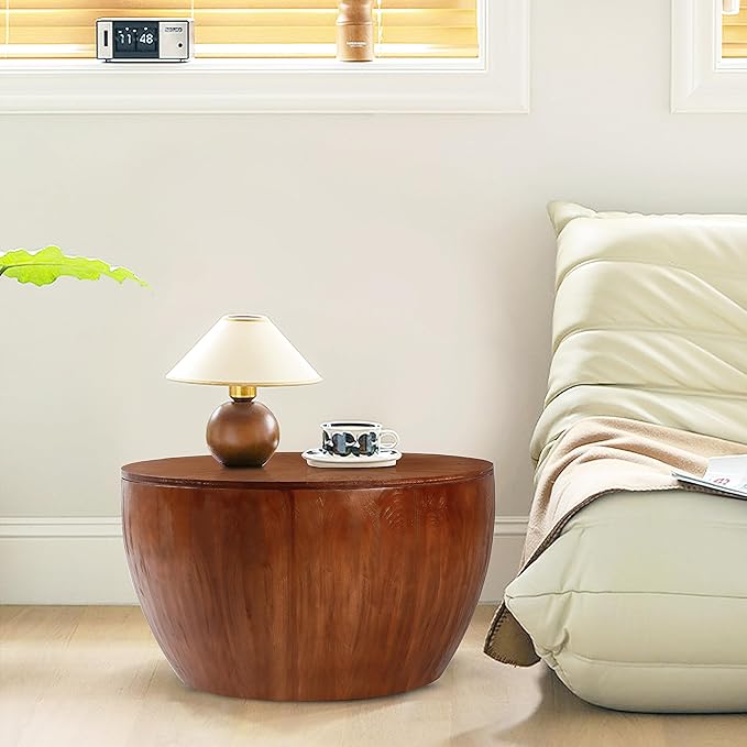 31.50" Vintage Style Bucket Shaped Coffee Table, Drum Coffee Table for Office, Dining Room and Living Room, Brown