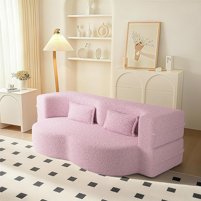 78" Convertible Sofa Bed, 2-in-1 Folding Floor Couch with 2 Pillows, Sleeper Sofa for Living Room and Bedroom, No Assembly Required (Pink, Teddy Fabric)