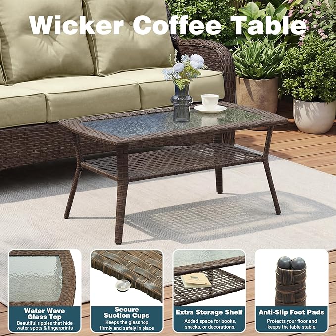 Patio Furniture Set, 7PCS Outdoor Wicker Conversation Set with 6" Thick Cushions, High Back Rattan Sofa & Swivel Rocker Chairs, Weather Resistant Olefin Fabric for Garden, Poolside, Beige