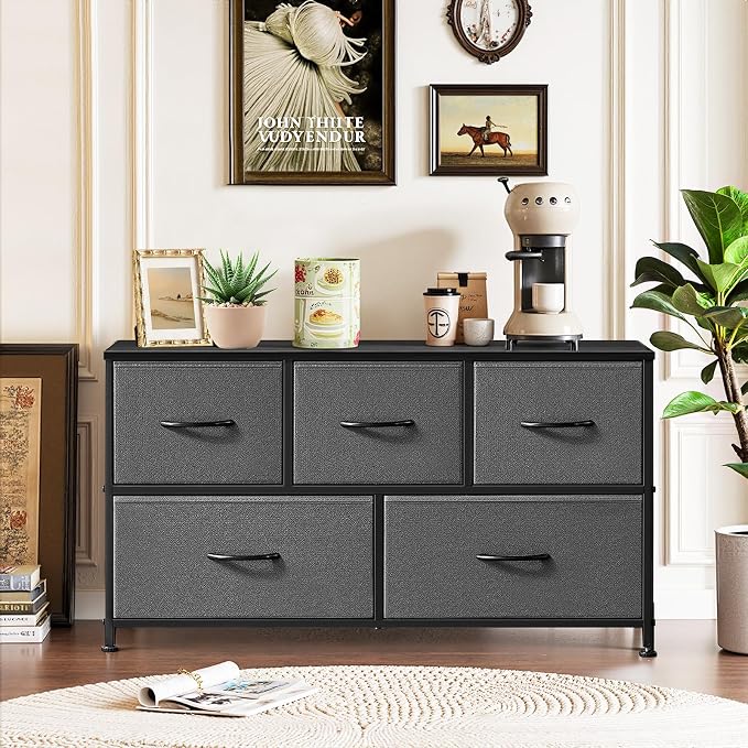 5-Drawer Dresser for Bedroom, Anti-Tip Wide Storage Organizer Fabric Chest of Drawers TV Stand for 45" TV with Wooden Top and Metal Frame for Closet, Living Room, Hallway, Entryway, Gray - Image 2