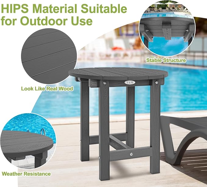 Y&M Outdoor Side Table, Waterproof Four-Legged Round Entryway End Table, Single-Tier HDPE Modern Small Coffee Nightstand for Bedroom, Living Room, Patio, Indoor or Outdoor Use, Dark Gray - Image 4