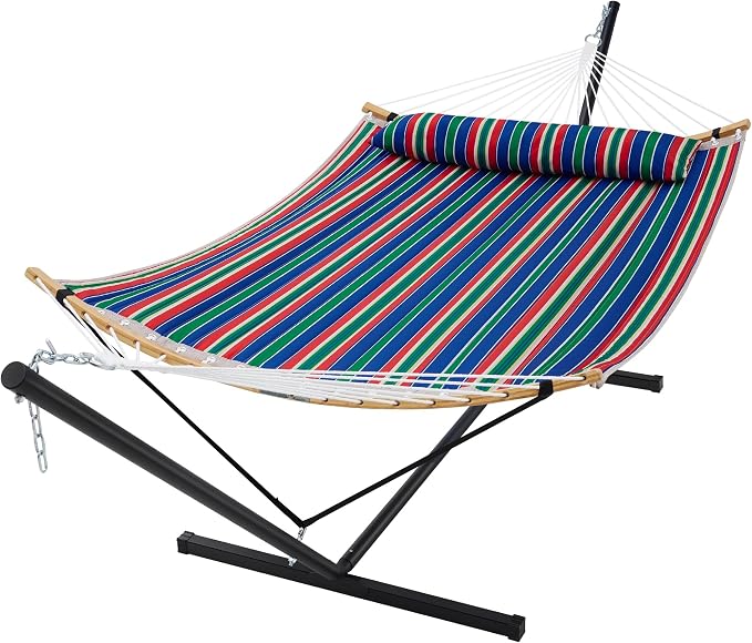 SUPERJARE Curved-Bar Hammock with Stand, 2 Person Heavy Duty Hammock Frame, Detachable Pillow & Portable Carrying Bag, Perfect for Outdoor & Indoor, Retro Blue and Green by SUPERJARE