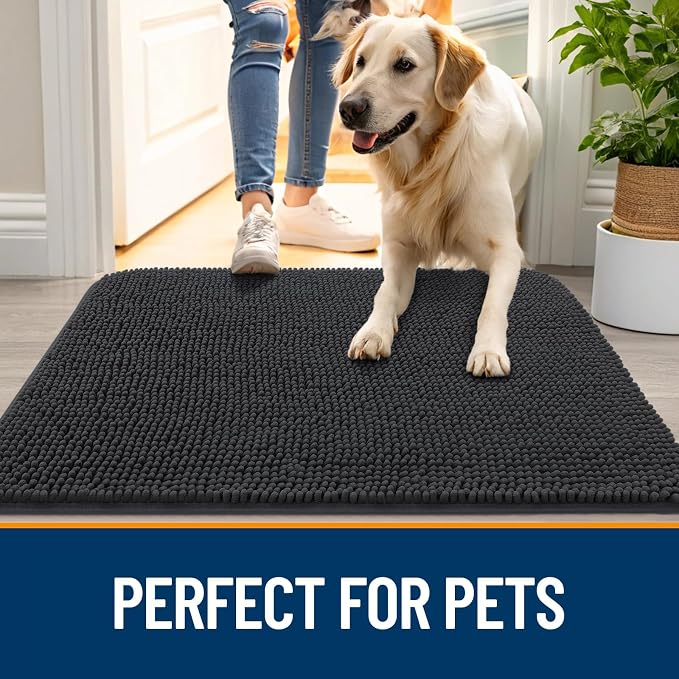 OLANLY Dog Door Mat for Muddy Paws 59x35, Absorbs Moisture and Dirt, Absorbent Non-Slip Washable Doormat, Quick Dry Chenille Mud Mat for Dogs, Entry Indoor Entryway Carpet for Inside Floor, Dark Grey - Image 6