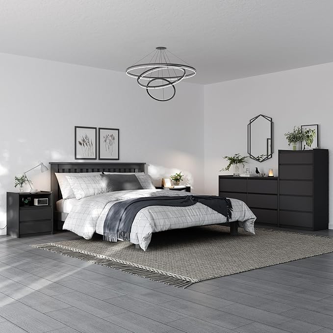 Modern 3PCS Bedroom Furniture Set with 6-Drawer Storage Dresser and 2 Nightstands, Raised Edge, USB & Type-C Ports, AC Outlets, and Open Shelf for Bedroom or Apartments, Black