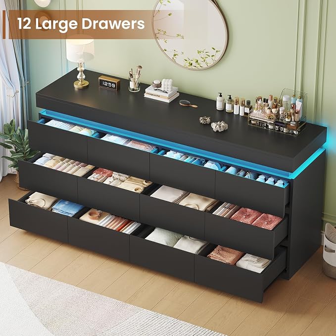 HAUOMS 12 Drawer Dresser with LED Light, Black Modern Chest of Drawers for Bedroom,Long Dresser with Drawers for Living Room, Entryway, Hallway - Image 4