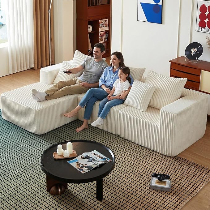 101 Inch Cloud Sectional Couch, Boneless Sofa for Living Room, Corduroy Modular Couch with L Shape Chaise, Modern Compressed Sofa in a Box, Memory Foam Filling (Beige)