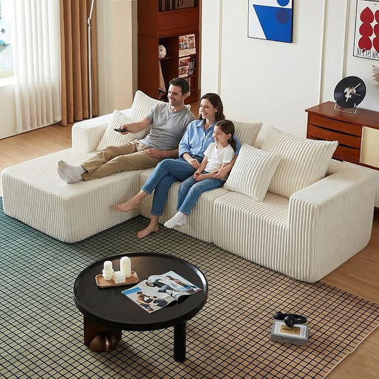 101 Inch Cloud Sectional Couch, Boneless Sofa for Living Room, Corduroy Modular Couch with L Shape Chaise, Modern Compressed Sofa in a Box, Memory Foam Filling (Beige)