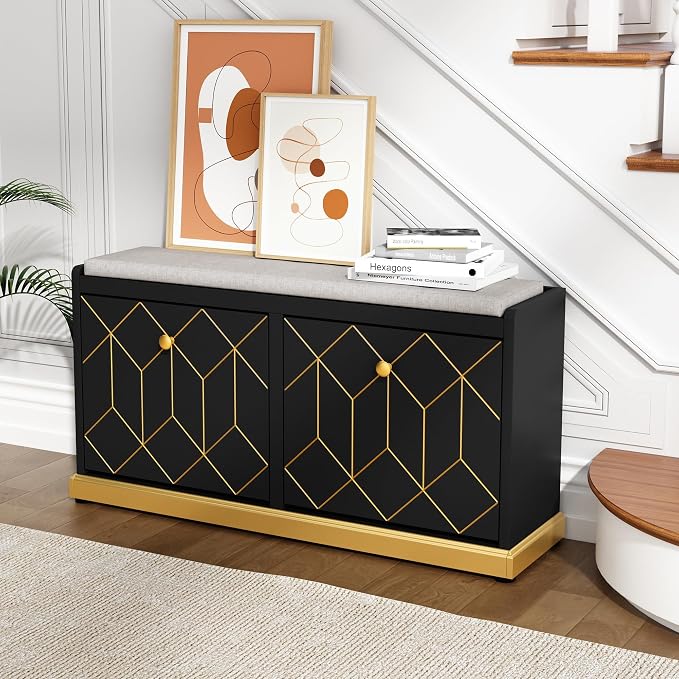HLR Modern Shoe Bench with Storage, Entryway Bench with 2 Flip Drawer & Padded Cushion Seat, Shoes Storage Bench for Hallway, Closet, Living Room, Black Shoe Storage Cabinet with Bench - Image 4