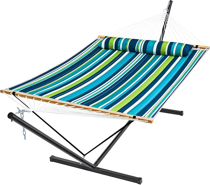 SUPERJARE Hammock with Stand, 2 Person Quilted Outdoor Hammock, Detachable Pillow & Bamboo Spreaders, Portable Hammock with Carrying Bag, Heavy Duty Stand, Perfect for Outside, Patio, Dark Cyan by SUPERJARE