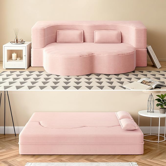 78" Convertible Sofa Bed, 2-in-1 Folding Floor Couch with 2 Pillows, Sleeper Sofa for Living Room and Bedroom, No Assembly Required (Pink, Corduroy Fabric)
