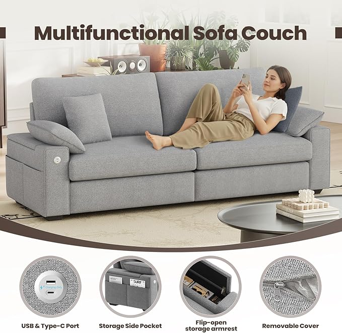 89" Loveseat Couch, 3 Seater Upholstered Midcentury Mondern Love Seat with USB Type C Ports, 4 Pillows and Storage Armrest Cloud Foam Sofa for Living Room/Small Spaces, Grey | Breathable material