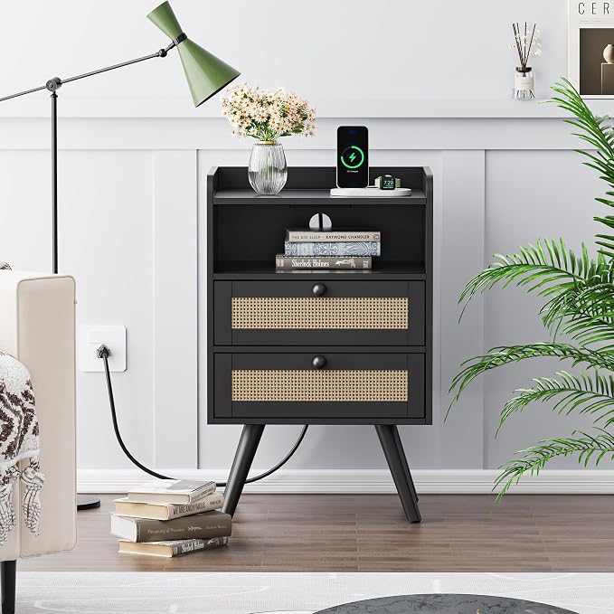 SUPERJARE 2 Drawer Night Stand with Charger Station, Boho Rattan Nightstand Set of 2, 25.2 Inch Tall Bed Side Table with Solid Wood Feet, End Table, Open Storage, Synthetic Rattan, for Bedroom, Black - Image 2