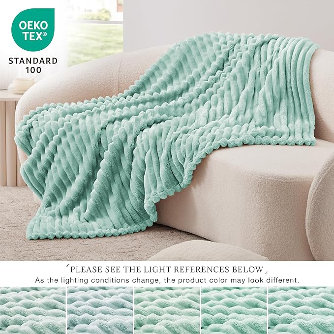 EXQ Home Fleece Throw Blanket for Couch or Bed - 3D Stripe Jacquard Decorative Blankets - Cozy Soft Lightweight Fuzzy Flannel Blanket Suitable for All Seasons(50"??60",Cyan-Blue)