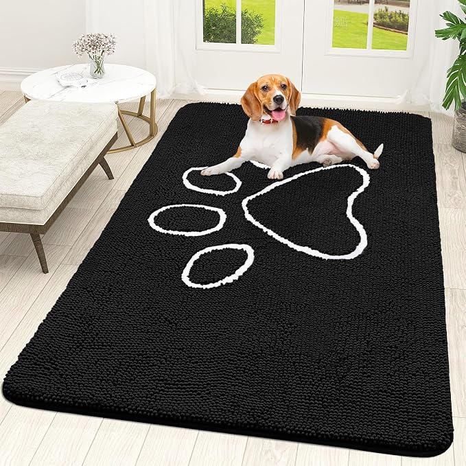 OLANLY Dog Door Mat for Muddy Paws 59x35, Paw Print Design, Absorbs Moisture and Dirt, Absorbent Non-Slip Washable Doormat, Quick Dry Chenille Mud Mat for Dogs, Entry Indoor Entryway Carpet, Black by OLANLY