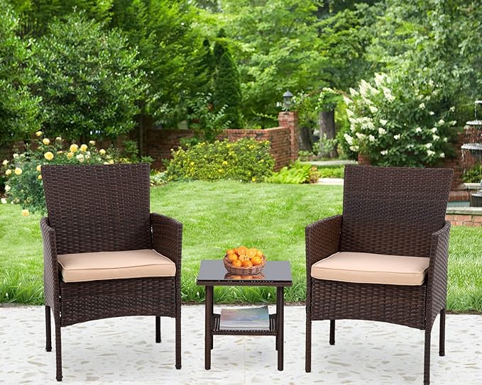 PayLessHere 3 Piece Furniture Patio Chairs Wicker Outdoor Rattan Conversation Bistro Set for Backyard Porch Poolside Lawn (Brown)