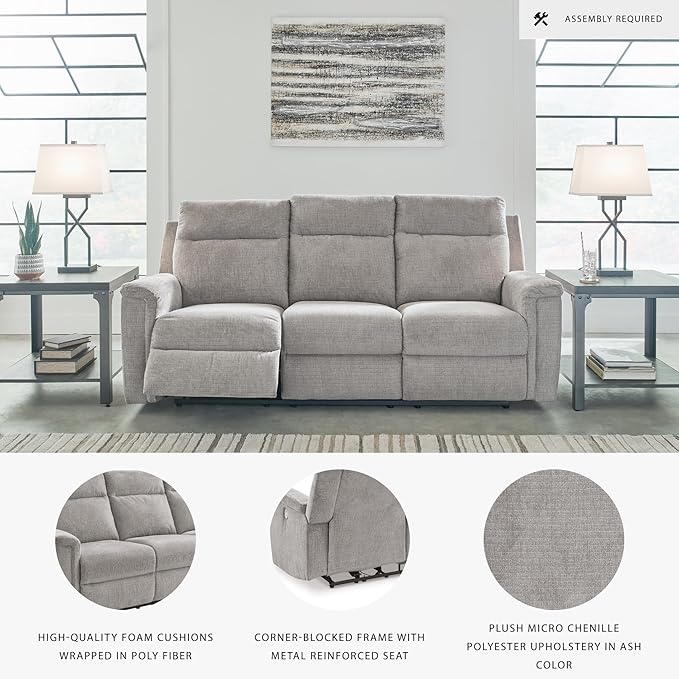 Signature Design by Ashley Barnsana Minimalist Power Reclining Sofa with USB Charging Ports, Light Gray