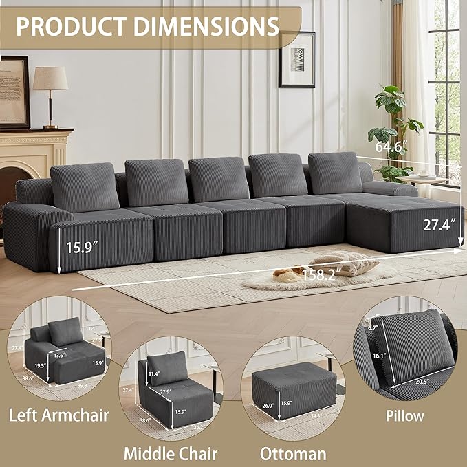 158.2'' Modular Sectional Sofa with Movable Ottoman, 5 Seat Deep Seat Couch with 5 Pillows, Comfy Cloud Sectional Sofa for Living Room, Bedroom (Grey, 1 Left+1 Right+3 Middle+1 Ottoman)