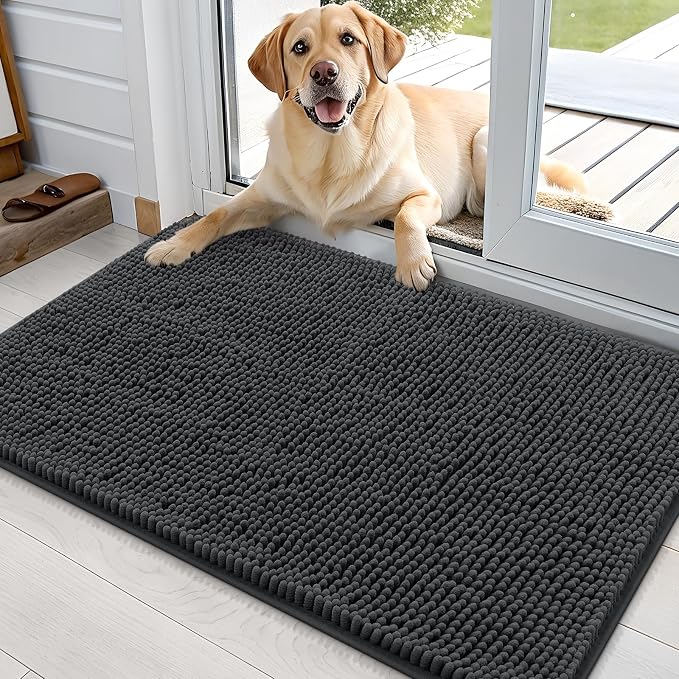 OLANLY Dog Door Mat for Muddy Paws 36x24, Absorbs Moisture and Dirt, Absorbent Non-Slip Washable Doormat, Quick Dry Chenille Mud Mat for Dogs, Entry Indoor Entryway Carpet for Inside Floor, Dark Grey by OLANLY