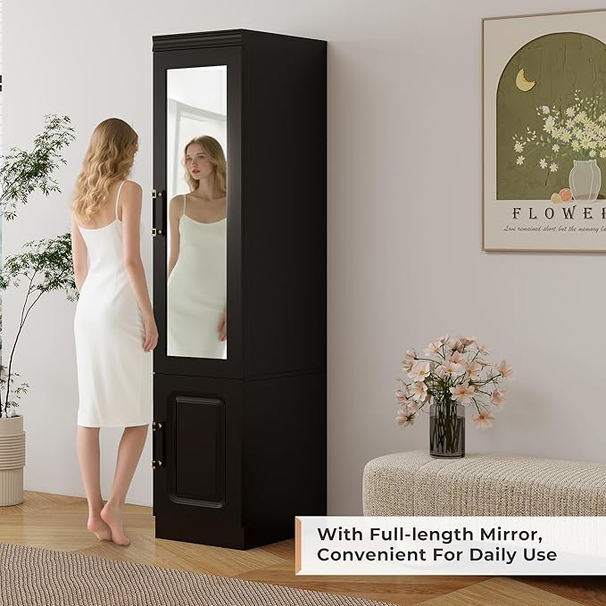 GraceGrove Armoire Wardrobe Closet Cabinet with with Mirror and Single Door, Wardrobe with Hanging Rod, Wood Closet Storage for Large Storage, Bedroom Armoires and Wardrobes Black