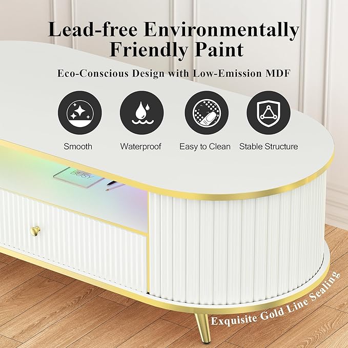 47" Fluted Coffee Table with LED Lights & Storage - Luxury Modern Oval Center Table for Living Room, Coffe Tables with Drawers, Curved Profile Design, Gold Metal Decor, White