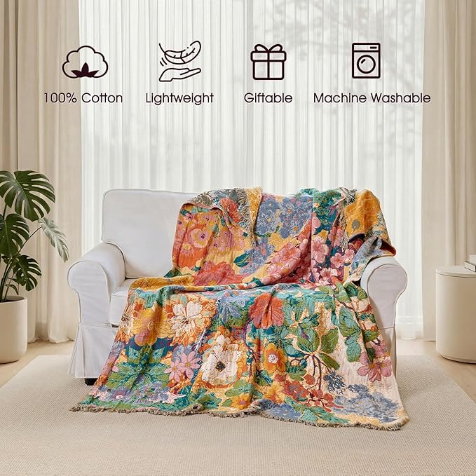 Boho Throw Blanket - 100% Cotton Throw Blankets for Bed Couch, 50"x60" Soft Muslin Lightweight Spring Throw Blanket, Cozy Oil Painting Bohemain Bedding Decor Green Throw Quilt