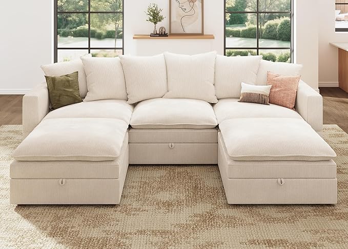 HONBAY Modular Sectional Sofa, 105.5 Inch Deep Seat U Shaped Couch with Storage & Adjustable Armrest Backrest, Beige