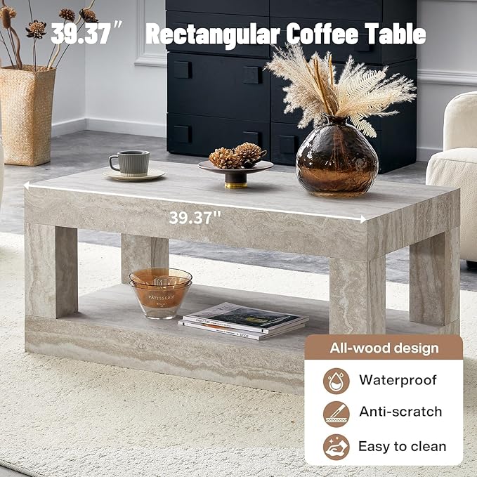 LKTART 39.37" Faux Travertine Stone Coffee Table with Storage, 2-Tier Mid Century Rectangular Accent Table with Thick Tabletop, Rustic Style Cocktail, Center Table for Living Room, Office(Beige)