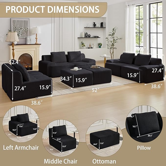 Modular Sectional Sofa with Movable Ottoman, 6 Seat Deep Seat Couch with 6 Pillows, Comfy Cloud Sectional Sofa for Living Room, Bedroom and Apartment (Black, 2 Left+2 Right+2 Middle+2 Ottoman)