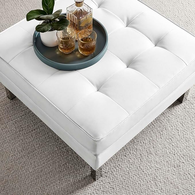 Modway Loft Tufted Button Faux Leather Upholstered Square Ottoman in Silver White