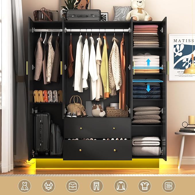 chartustriable 4 Doors Armoire Wardrobe Closet with Mirror, LED Armoire with Doors and Drawers, Wooden Wardrobe Storage Cabinet with Hanging Rod, Adjustable Shelves, Black