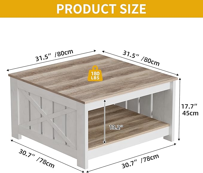 DWVO Square Coffee Table for Living Room, Farmhouse Coffee Table with Storage, 2-Tier Wood Coffee Tables Center Table with Half Open Storage Compartment, Grey Wash