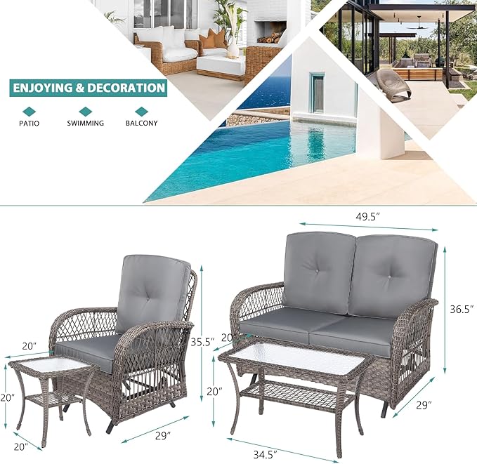 MEETWARM 5 Pieces Outdoor Wicker Patio Conversation Sets with Glider Loveseat, 2 Chairs with 2 Glass-Top Coffee Table Wicker Rocking Glider Set, Wicker Conversation Set w/Thickened Cushions, Gray