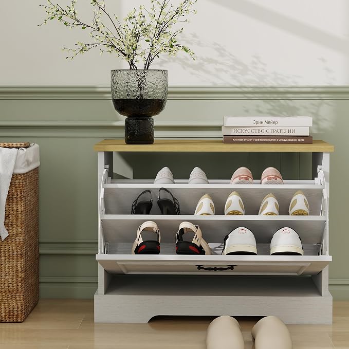 RASOO Grayish White Shoe Bench Cabinet 1 Flip Drawer Adjustable Shelf, Freestanding Space Saving Shoe Organizer for Entryway Hallway, 23.62" W×11.81" D×17.71" H - Image 6