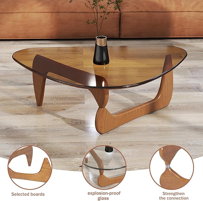 Glass Coffee Table for Living Room, Modern Mid Century Coffee Table, Rustic Brown Glass Coffee Table for Bedroom Living Room Reception Office Tables Unique Center Tables