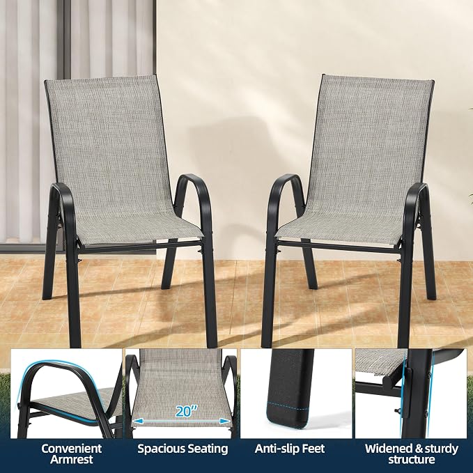HOMREST Patio Chairs Set of 4,Outdoor Dining Chairs with Armrests,Backyard Stackable Chairs with Breathable Fabric & Metal Frame for All Weather, Grey - Image 4