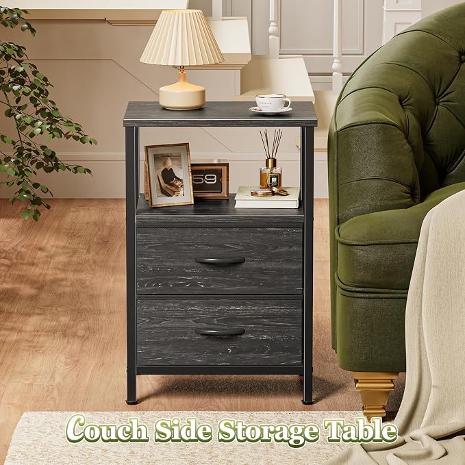 Huuger Night Stand Set of 2, Nightstand with 2 Drawers, Bed Side Table with Open Shelf, Wooden Top, End Table, Fabric Drawer with Charcoal Black Wood Grain Print, for Bedroom - Image 6